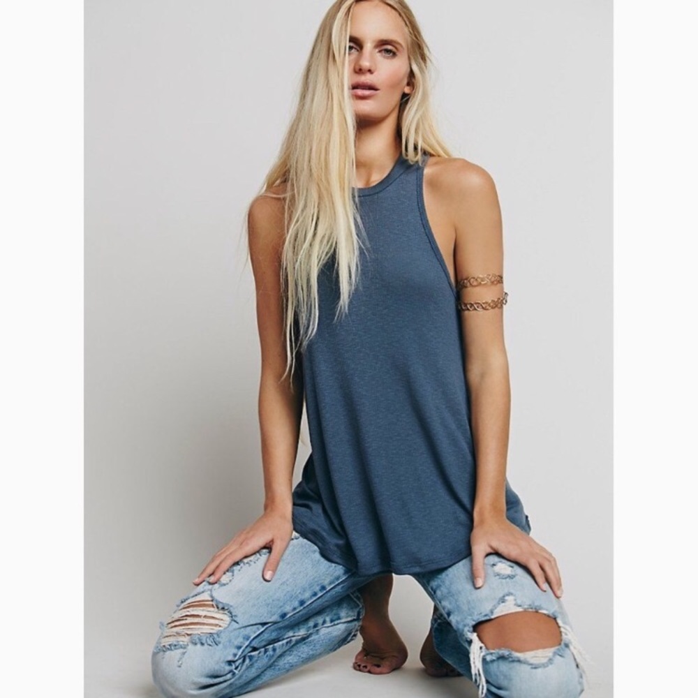 Free People Blue Ribbed High Neck Tank Top